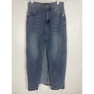 White Fox Cotton Mid Blue Front Slit Frayed Hem Denim Maxi Skirt Size Xs